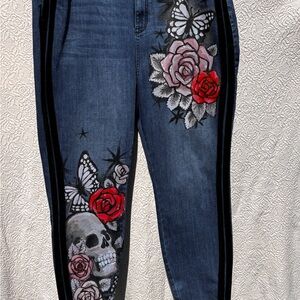 Floral and Skull Hand Painted Jeans